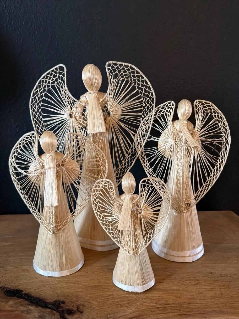 Vintage Set of 4 Abaca Straw Angel Christmas Tree Topper Rustic Country Cottage